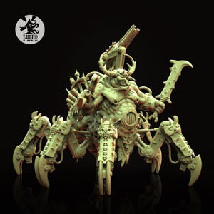 Puede incluir: Figura en miniatura detallada, de color verde claro, de una criatura mecánica con forma de araña con torso humanoide, cuernos y un cañón grande. La figura tiene múltiples patas articuladas, una hoja grande y detalles intrincados.