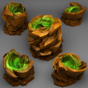May include: Five brown, rock-like sculptures with a glowing green interior. The sculptures have a swirling, organic shape, with the green light emanating from the centre. The overall effect is otherworldly and abstract.