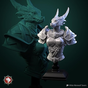 May include: A detailed, white dragon bust wearing ornate armor, mounted on a black base. The dragon has horns and a stern expression. A shadowy, green-toned image of the bust is in the background. The bust is a fantasy-themed collectible.