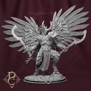 May include: A detailed gray figurine of a winged creature with horns, holding two curved blades. The figure has intricate armor and stands on a rocky base. The wings are large and feathered, and the overall design is fantasy-themed.