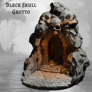 May include: A detailed, gray and brown miniature grotto with a skull-shaped entrance. The grotto features a stone archway, steps, and a treasure of gold coins. The text "Black Skull Grotto" is at the top. The overall theme is fantasy.