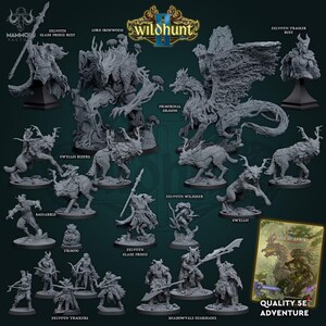 Puede incluir: Una colección de miniaturas de fantasía gris para juegos de mesa que incluye al Primordial Dragon, Lord Ironwood, Sylvoth Glade Prince, Gwyllgi Riders y varios guerreros. El set presenta el logo de Wildhunt II y la portada del libro Vows of Spring 5E.