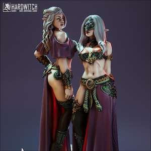 Può includere: Due statuette di elfi fantasy con capelli lunghi, che indossano abiti viola e arancioni con intricate armature metalliche, bracciali e calze scure. La figura a sinistra ha i capelli intrecciati, mentre quella a destra indossa una maschera decorativa. Testo HARDWITCH GAMES.