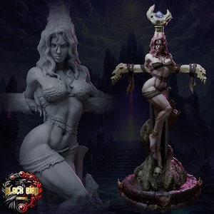 Könnte beinhalten: Detaillierte Figur einer Frau in einer Fantasy-Umgebung. Die Figur ist auf einer kreuzförmigen Struktur mit Totenkopfakzenten positioniert. Die Frau ist mit aufwendiger, tribal-inspirierter Kleidung geschmückt. Der Hintergrund zeigt eine dunkle, gotische Landschaft.