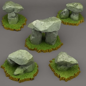 May include: A collection of miniature stone structures, resembling Stonehenge, are displayed on individual green and yellow bases. The gray stone formations vary in size and shape, with some featuring a single stone and others with multiple stones.