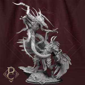 May include: A grey resin tabletop miniature depicting a dynamic battle between two creatures. One figure is a tall, slender, multi-limbed entity with sharp protrusions, while the other is a winged, horned humanoid figure standing on a rocky base.
