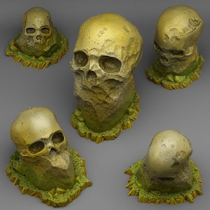 May include: Five weathered skull sculptures with a textured, aged appearance. The skulls are primarily gold and beige, with green and yellow accents at the base, resembling moss or foliage. The skulls are set against a grey background.