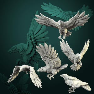 Könnte beinhalten: Eine Sammlung weißer Raben-Skulpturen in verschiedenen Posen, mit ausgebreiteten Flügeln im Flug oder auf einem Ast. Die Raben sind detailliert mit strukturierten Federn und vor einem dunkelgrünen Hintergrund platziert. Die Skulpturen scheinen aus einem matten Material zu bestehen.