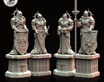 Puede incluir: Cuatro figuras de caballeros en miniatura grises y detalladas. Cada caballero se encuentra sobre una base decorativa y sostiene un arma o un escudo. Los caballeros visten armaduras completas, con detalles intrincados en su ropa y armas. El logotipo de Limited Windmill está en la esquina superior izquierda.