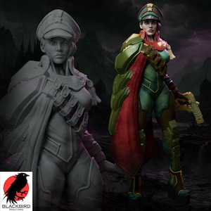 May include: A 3D-rendered figurine of a female character in a military-style outfit. The figure is holding a futuristic pistol. The color scheme includes green, red, and gold accents, with a matching cap. A grayscale version of the figure is also shown.
