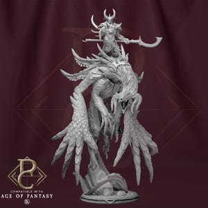 May include: A detailed, gray fantasy miniature featuring a creature with large, feathered hands and a horned head, ridden by a warrior figure. The miniature is compatible with Age of Fantasy.