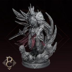 May include: A detailed gray statue of a knight in ornate armor, holding a sword. The knight has a crown and is standing on a base with skull details. A red cape is visible.