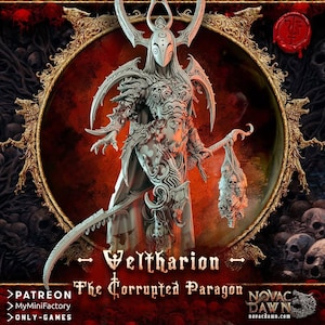 Könnte beinhalten: Eine detaillierte, grau getönte Fantasy-Figur von Veltharion, The Corrupted Paragon, die eine gebogene Klinge und einen Beutel mit Schädeln hält. Die Figur ist vor einem roten Hintergrund mit einem dekorativen Rahmen und dem Text "Veltharion" und "The Corrupted Paragon" platziert.