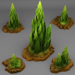 Peut inclure: Cinq arbres miniatures stylisés, des conifères au feuillage vert vif. Chaque arbre est posé sur une base rocheuse brune, créant un effet de diorama naturaliste. Les arbres varient en taille et en forme, offrant un paysage diversifié.
