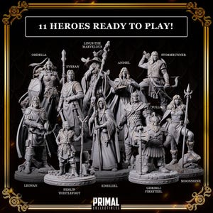 Op de afbeelding: Een verzameling van 11 grijze fantasy-karakterminiaturen met de tekst 11 HEROES READY TO PLAY! met figuren genaamd Ordella, Everan, Linus the Marvelous, Andiel, Stormrunner, Leonan, Heslin Thistlefoot, Edheliel, Ghrimli Firesteel en Moonshine.