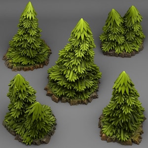 Könnte beinhalten: Fünf Miniatur-Tannenbäume in Grün mit detailliertem Laub und strukturierten braunen Basen. Die Bäume haben ein realistisches Aussehen, mit unterschiedlichen Größen und Formen, vor einem neutralen grauen Hintergrund. Ideal für Tabletop-Spiele oder Modelleisenbahnen.