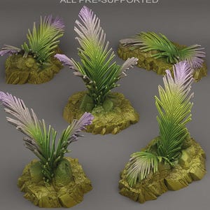May include: Five miniature, pre-supported, decorative palm tree models. Each model features green and purple fronds atop a textured, tan-colored base. The models are designed for tabletop gaming or miniature displays.