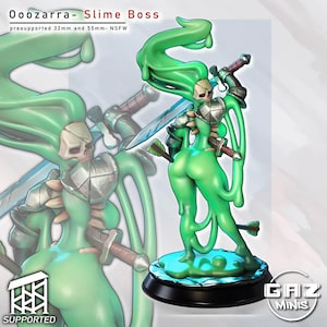 May include: A green slime creature miniature figure titled Oozarra Slime Boss, featuring a skull head, metallic shoulder armor, and a sword. The figure stands on a circular base with text indicating 32mm and 55mm sizes and supported status.
