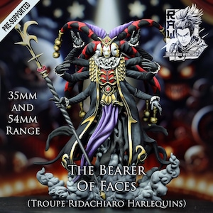 May include: A detailed figurine of a character with multiple arms and faces, wearing a black and gold coat with purple accents. The figure holds a staff and stands on a cloud base. Text on the image reads "The Bearer of Faces".