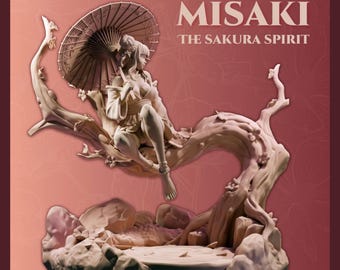 May include: A monochromatic beige figurine titled MISAKI THE SAKURA SPIRIT, depicting a figure sitting on a gnarled tree branch holding a parasol. The base features rocks and a circular pool, with the text MISAKI THE SAKURA SPIRIT clearly visible.