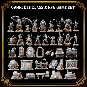 May include: A Complete Classic RPG Game Set with various miniature figurines and scenery pieces. The set includes fantasy characters, monsters, doors, furniture, and other game elements. The figurines are in a neutral color, and the text "COMPLETE CLASSIC RPG GAME SET" is at the top.
