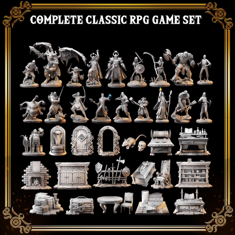 May include: A Complete Classic RPG Game Set with various miniature figurines and scenery pieces. The set includes fantasy characters, monsters, doors, furniture, and other game elements. The figurines are in a neutral color, and the text "COMPLETE CLASSIC RPG GAME SET" is at the top.