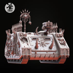 May include: A light beige model of a tank with intricate details, including spikes, horns, and a skull-adorned structure. The tank has a menacing design, with a logo in the upper left corner. The model is set against a dark background.