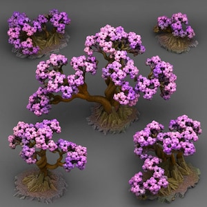 Op de afbeelding: Vijf miniatuur fantasiebomen met paarse en roze bloesems en bruine stammen. De bomen staan op getextureerde, rotsachtige bases. De achtergrond is effen grijs.