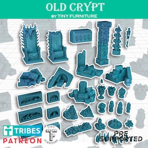Op de afbeelding: Een verzameling van talingkleurige miniatuur speelterreinonderdelen met het label OLD CRYPT BY TINY FURNITURE. De set bevat tronen, stenen ruïnes, pilaren, met schedels versierde zuilen, sarcofagen en diverse kleine decoratieve voorwerpen.