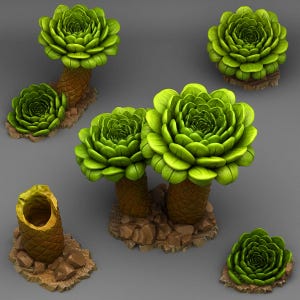 May include: A collection of artificial succulents in various sizes. The plants feature vibrant green, layered petals and textured brown stems. They are set on small, rocky bases, creating a naturalistic appearance. The arrangement includes multiple individual plants and groupings.