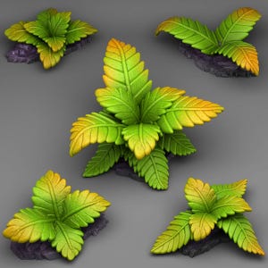 Puede incluir: Cinco hojas estilizadas verdes y amarillas con una base oscura están dispuestas sobre un fondo gris. Las hojas tienen una apariencia detallada y texturizada, con un degradado de color de verde a amarillo. Las hojas probablemente son parte de un diseño decorativo o artístico.