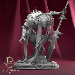 Peut inclure: Une figurine miniature en résine grise représentant un guerrier voûté avec une grande coiffe en éventail, de longs cheveux flottants et une armure ornée, appuyé sur une épée massive. La base porte le texte "COMPATIBLE WITH AGE OF FANTASY".