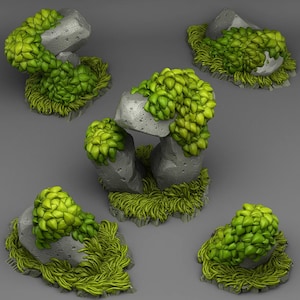 Puede incluir: Cinco formaciones de piedra en miniatura con follaje y hierba verdes. Las piedras son grises con una textura rugosa, y el follaje es de un verde vibrante. La hierba es de un tono verde más claro. Las formaciones están dispuestas sobre un fondo gris.