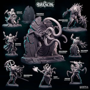Puede incluir: Una colección de miniaturas de mesa de resina gris titulada The Breach, que presenta varias figuras humanoides y monstruosas con tentáculos, armas y armaduras, incluyendo Breachborn, Broodbearer, Defiant, Devoted, Hollowed, Broodbound, Taken y Unmade.