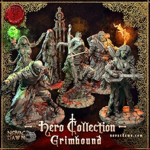 May include: A set of fantasy figurines, including a wizard, archer, and warrior, with detailed designs and bases. The figures are in shades of grey and green, with the text "Hero Collection Grimbound" at the bottom.
