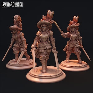 May include: Three brown miniature figurines of armored figures with swords, standing on circular bases. Each figure wears a hat with feathers and detailed armor. The Hardwitch Games logo is in the top left corner.