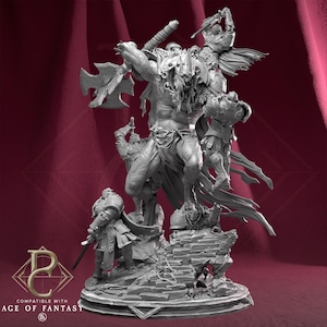 May include: A detailed gray miniature sculpture of a fantasy battle scene. A large, muscular figure wielding an axe is the central focus, surrounded by smaller armored figures. The base includes the text "COMPATIBLE WITH AGE OF FANTASY".