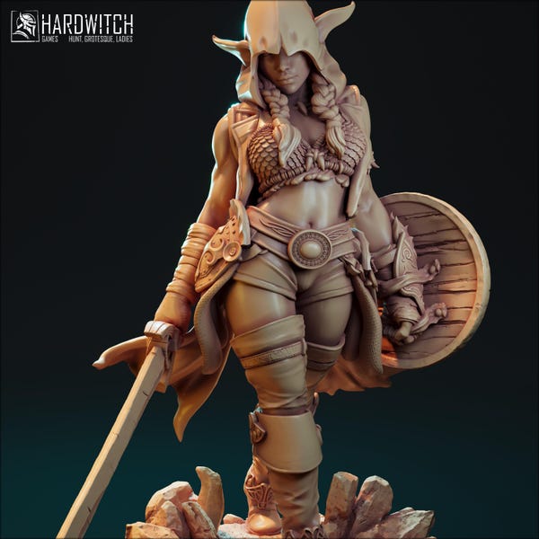 Female Halfling Elf Warrior Miniature | 32mm-75mm | by Hardwitch Games