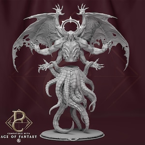 May include: A grey resin miniature figure of a winged demon with four arms and a tentacled lower body, featuring a circular halo behind its head. The base includes the text "COMPATIBLE WITH AGE OF FANTASY" and a logo with the letters PC.
