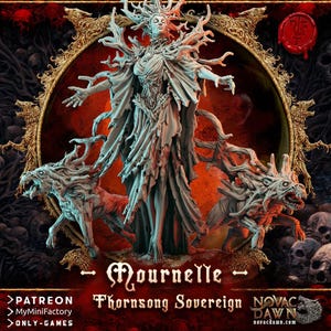 Puede incluir: Una detallada figura de fantasía de Mournelle, la Soberana de Thornsong, con dos criaturas parecidas a lobos. La figura es de color gris claro con detalles intrincados, sobre un fondo oscuro con el texto "Mournelle" y "Thornsong Sovereign".