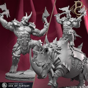 May include: A gray, 3D-printed miniature of a horned warrior wielding two axes, standing next to a similar warrior riding a rhinoceros-like creature. The miniature is compatible with "Age of Fantasy" tabletop games.