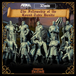 Può includere: Un set di dieci miniature di cavalieri grigi intitolato The Fellowship of the Round Table Bundle, scala 32mm. Le figure sono raffigurate in armatura con spade, scudi e mantelli. Il testo Primal Collectibles e Chronicles of Excalibur è visibile nell'immagine.