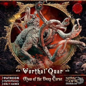 May include: A detailed illustration of a monstrous creature with multiple tentacles and a humanoid figure riding on its back. The creature is gray with intricate textures, framed by a gold ornate border. The text "Worthal'Quar - Maw of the Deep Curse" is displayed.