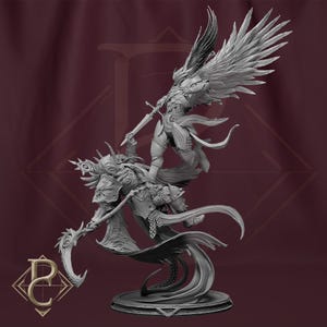 May include: A detailed gray sculpture depicting a winged figure with a sword riding atop a horned warrior with a scythe. The sculpture has intricate details and is mounted on a circular base. The background is a dark red color.