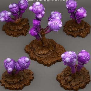 May include: Several purple, bulbous, alien-like plants with textured surfaces and small white spots are displayed. The plants have brown stems and sit on brown, textured bases. The image is taken against a gray background.