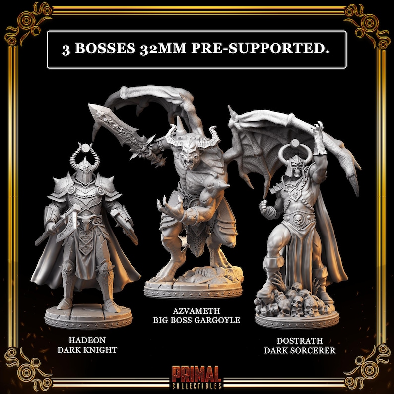 May include: Three detailed 32mm pre-supported fantasy miniatures: Hadeon Dark Knight, Azvameth Big Boss Gargoyle, and Dostrath Dark Sorcerer. Each figure is intricately sculpted, showcasing armor, weapons, and demonic features. The image includes the text "3 BOSSES 32MM PRE-SUPPORTED."
