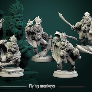 May include: A collection of detailed miniature figurines of fantasy creatures, the "Flying Monkeys." The figures are in various action poses, holding swords and shields. The figures are a light gray color, with intricate detailing. The background features a large, green, ape-like figure.