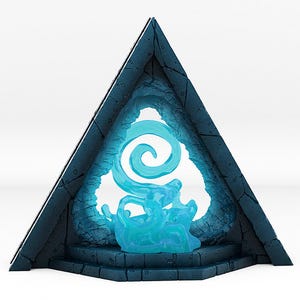 May include: A blue, triangular sculpture with a stylized, swirling water element inside. The sculpture has a stone-like texture and a glowing, translucent water effect. The overall design suggests a fantasy or mystical theme.