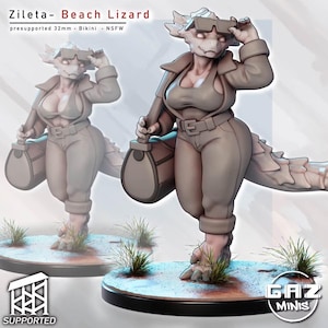 Może przedstawiać: Miniaturowa figurka w skali 32mm o nazwie Zileta- Beach Lizard, przedstawiająca jaszczuropodobne stworzenie w bikini, kurtce i okularach przeciwsłonecznych, trzymające torbę. Figurka stoi na okrągłej podstawie z trawą i zawiera tekst Zileta- Beach Lizard, presupported 32mm, Bikini, NSFW oraz GAZ MINIS.