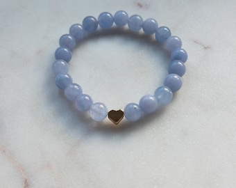 Aquamarine Bracelet, Beaded Gemstone Bracelet with Gold Heart – Handmade Natural Crystal Jewelry for Women – March Birthstone Gift